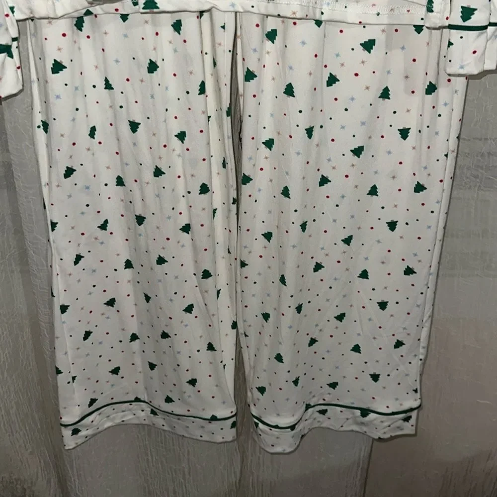TAHARI L White Green Christmas Tree Notched Collar Long Sleeve Pants PJ Gift Set